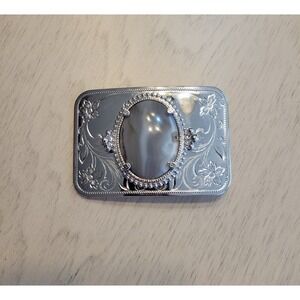 Belt Buckle Silver toned with Gray Agate Western Cowboy Southwestern - Read
